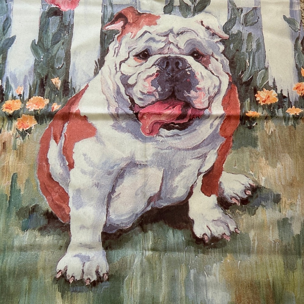 Vtg Toland Garden Flag Multicolor Bulldog Floral Carol P Walker Art USA 24x35